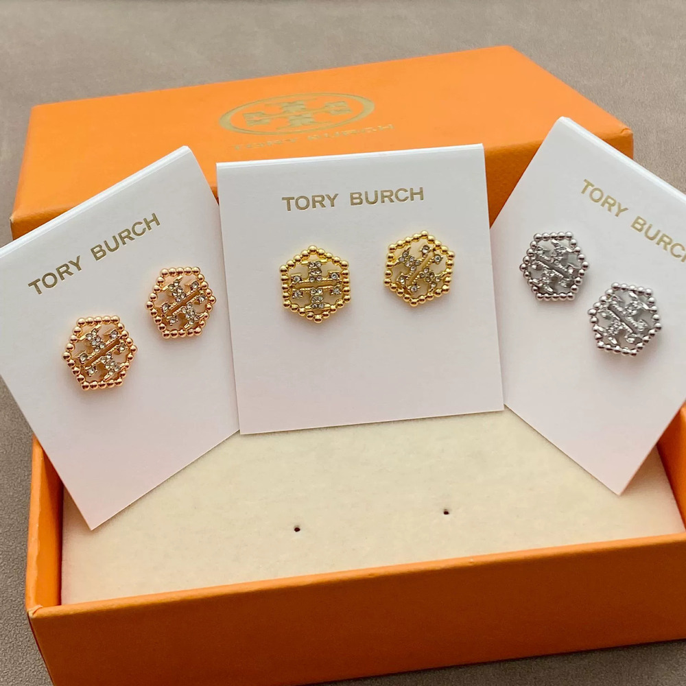 Tory Burch Rhinestone Gold Plated Double Hexagon Earrings